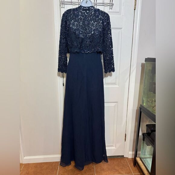 Tadashi Collection Silk Beaded Ruched Long Evening Gown Navy Blue dress Size 6 - Picture 5 of 16